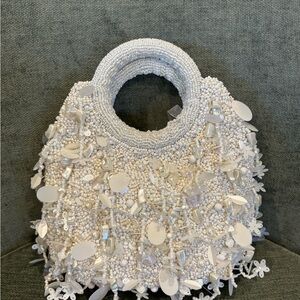 STAUD Inspired White Pearl and Shell Handmade Beaded Bag. NWT.